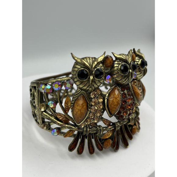 Vintage Owl Gold Tone Cuff Clamper Bangle Bracelet HANDMADE VTG SEE ALL - Picture 2 of 16